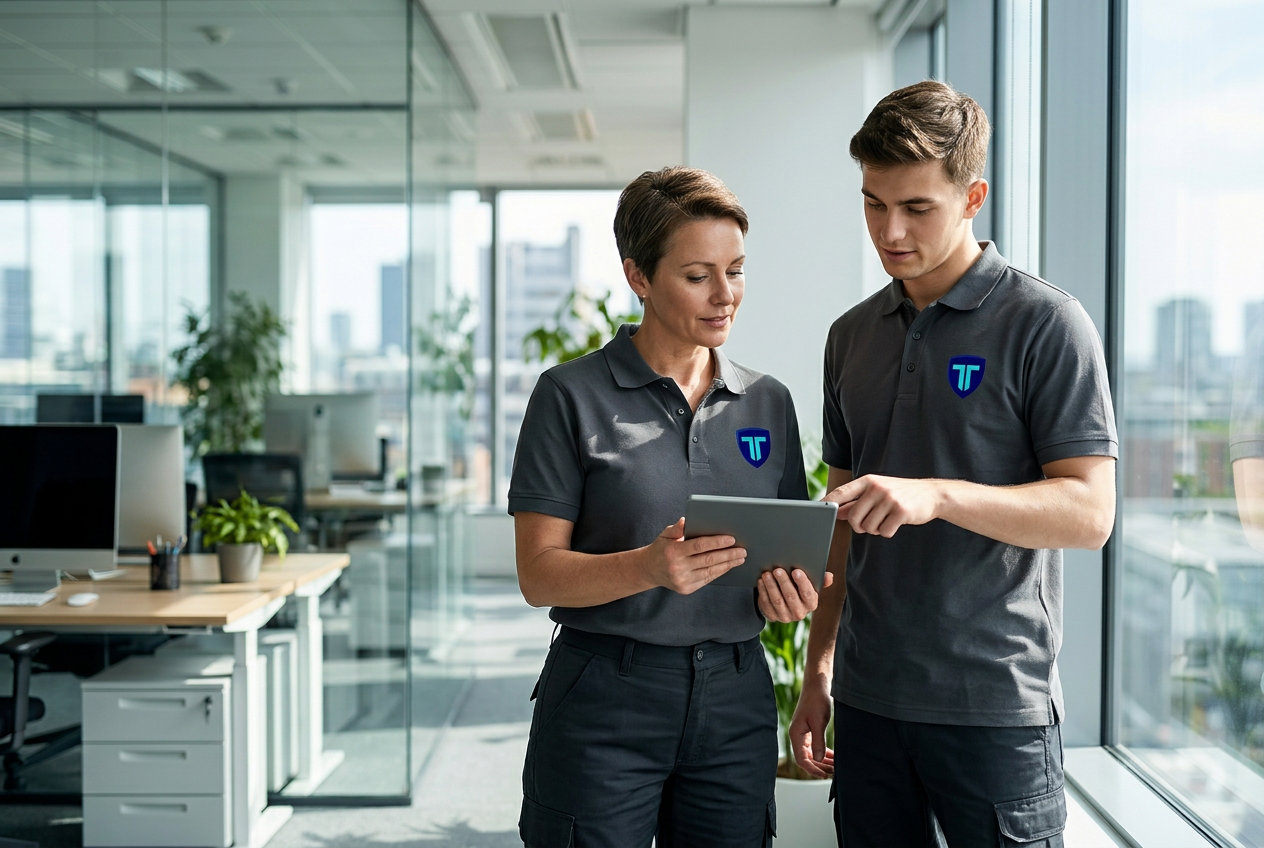 Two Titan Clean crew members in branded uniforms reviewing a digital checklist